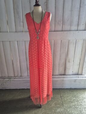 Emma & Michele Coral Crochet Fringe Maxi Dress with V-Neck